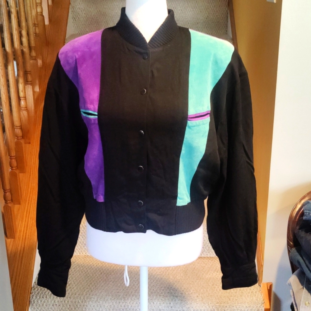 Vintage 80s/90s Deja Vu Bomber Style Suede Multi Color Jacket  Size M (Read)